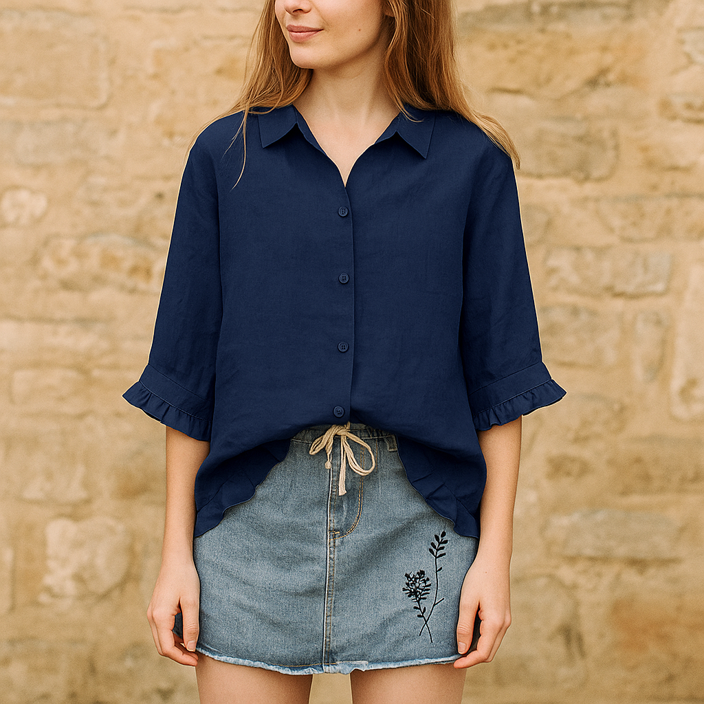 Camicia Donna Lino Maniche Corte Stile Casual Estivo