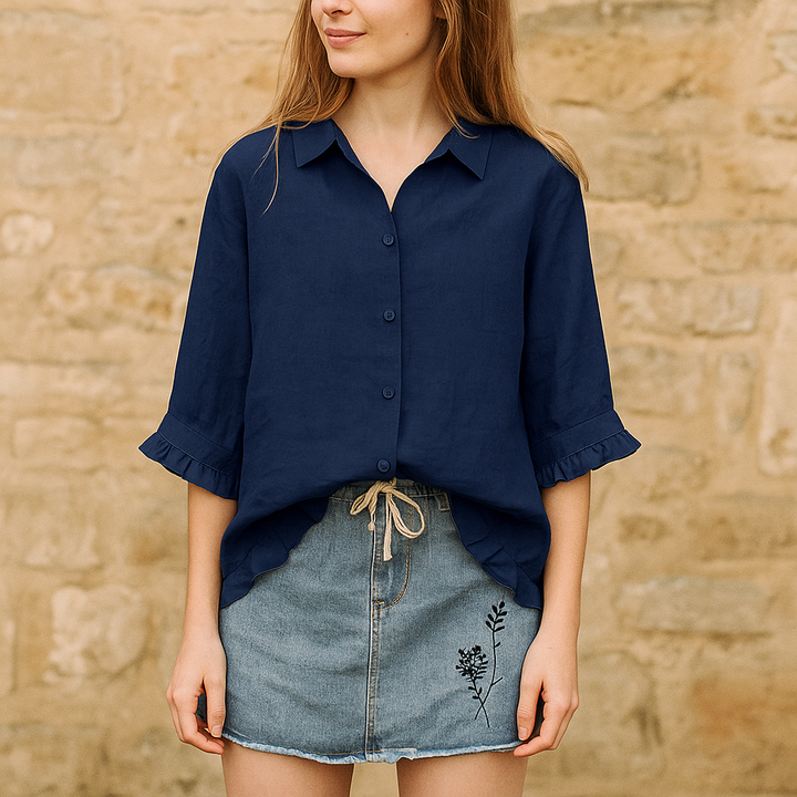 Camicia Donna Lino Maniche Corte Stile Casual Estivo