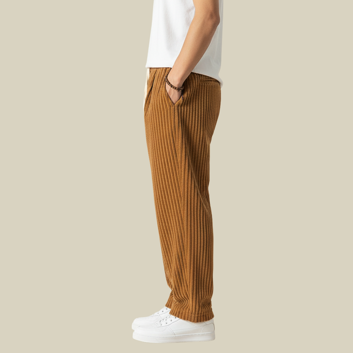 Pantaloni Uomo in Velluto a Coste Comodi Vita Elastica con Tasche