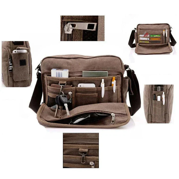 Borsa a tracolla in tela marrone con tasche multiple, zip, scomparti per smartphone, penne e chiavi. Design pratico e spazioso per uso quotidiano.