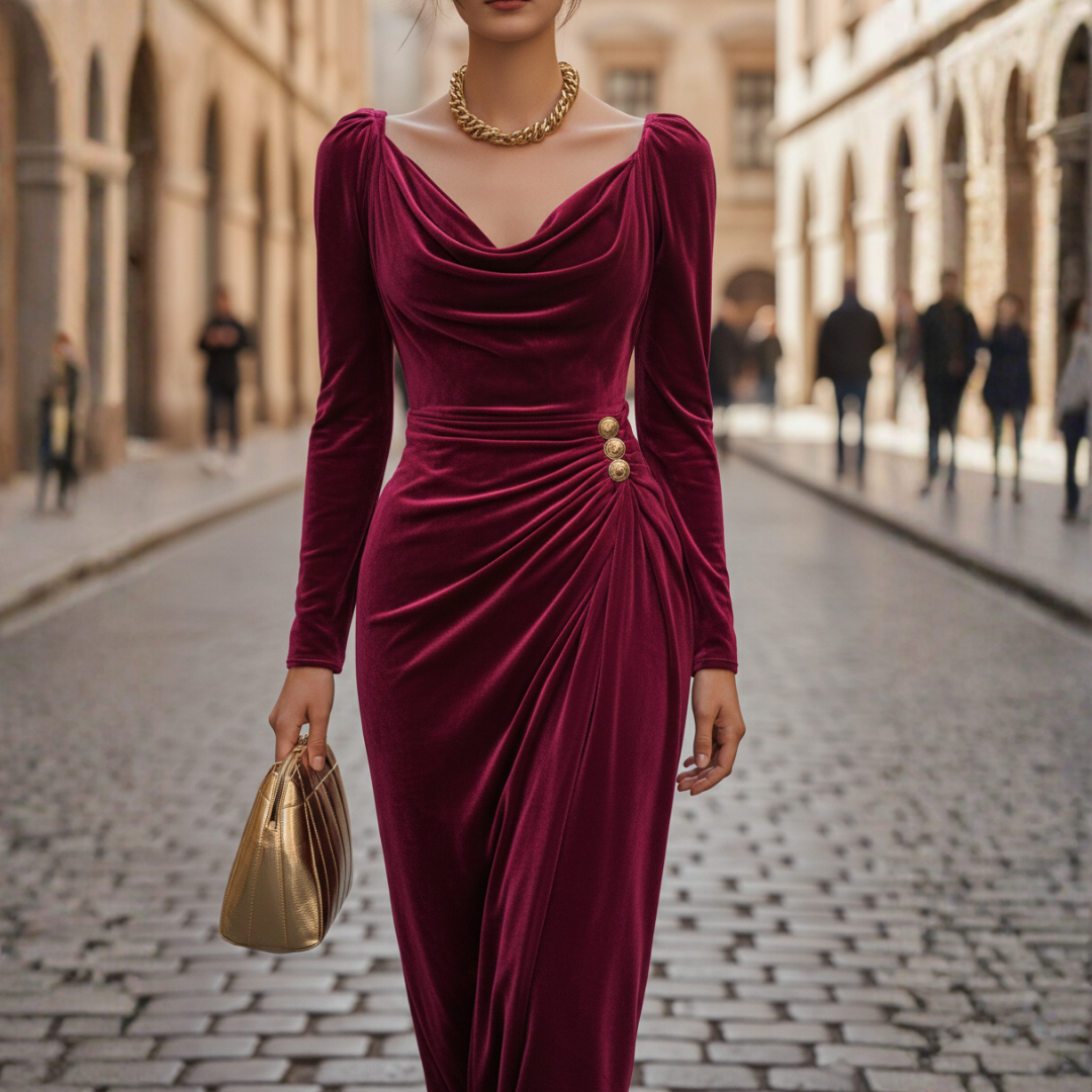 Abito Midi Donna in Velluto Drappeggiato Elegante