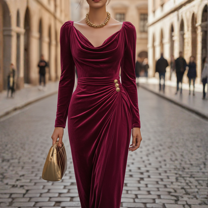 Abito Midi Donna in Velluto Drappeggiato Elegante
