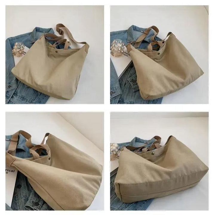 Borsa a tracolla beige in tela su giacca di jeans, design casual, ideale per shopping e uso quotidiano. Accessorio moda donna versatile e pratico.