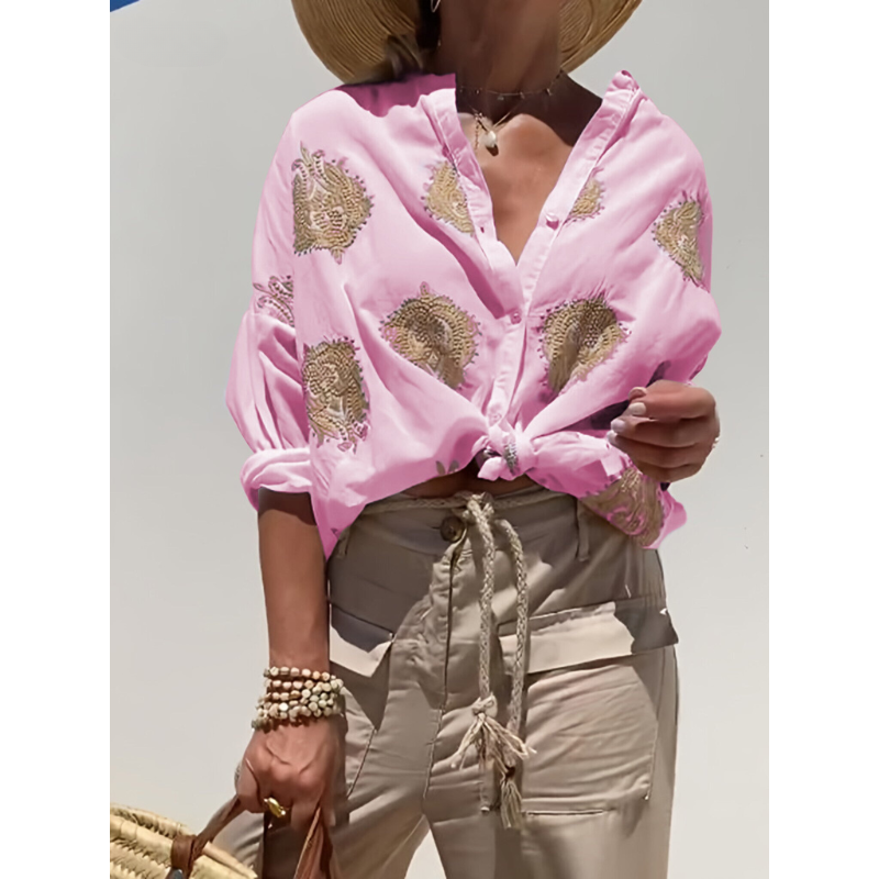 Blusa Donna Leggera in Tessuto Stampa Maniche Lunghe Estiva