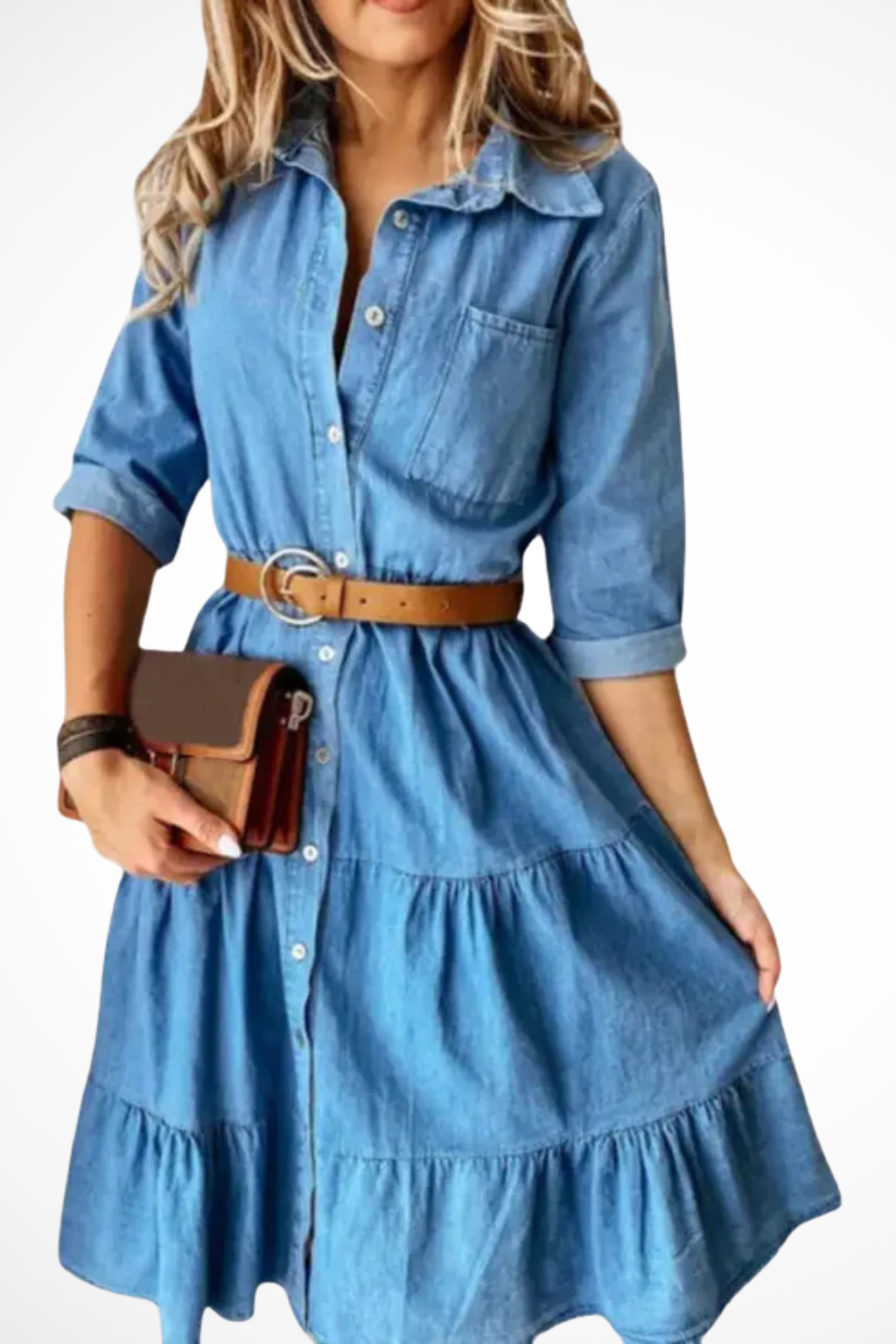 Abito Chemisier Donna in Denim Midi a Balze con Cintura Casual