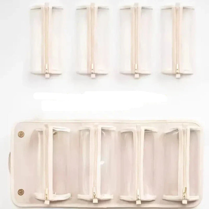 Set di organizer per cavi, beige, con chiusura a zip, ideale per viaggi e casa. Include cinque piccole custodie e una grande, perfette per accessori elettronici.