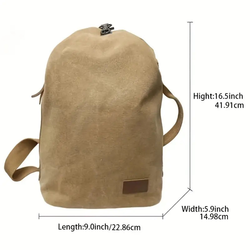 Zaino in tela beige, dimensioni 41,91x22,86x14,98 cm, con chiusura superiore e manico laterale. Ideale per viaggi e uso quotidiano.