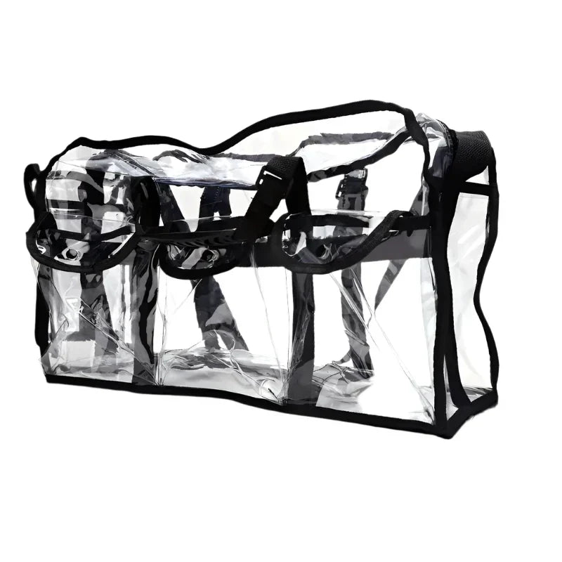 Borsa trasparente in PVC con bordi neri, manici rinforzati e tasche multiple. Ideale per viaggi, eventi sportivi e concerti.