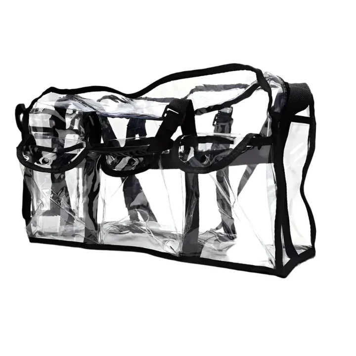 Borsa trasparente in PVC con bordi neri, manici rinforzati e tasche multiple. Ideale per viaggi, eventi sportivi e concerti.