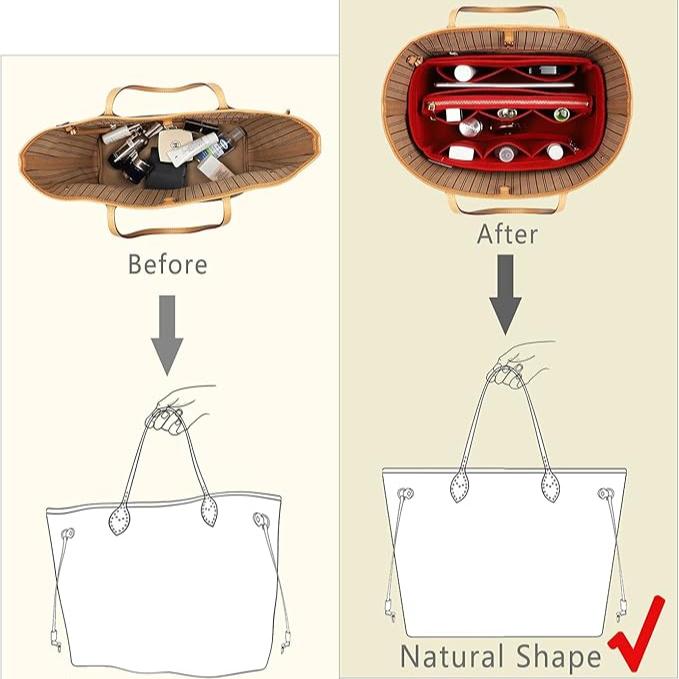 Organizer borsa in feltro rosso, confronto prima e dopo, mantiene la forma naturale, accessori moda, ordine e praticità per borse grandi.