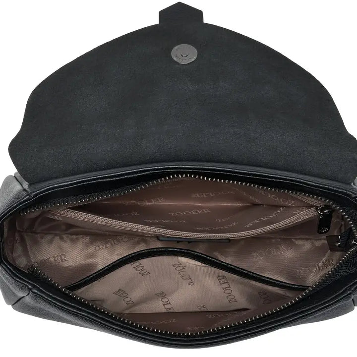 Borsa a tracolla nera in pelle con interno foderato, chiusura a zip e bottone magnetico. Design elegante e spazioso per donna.