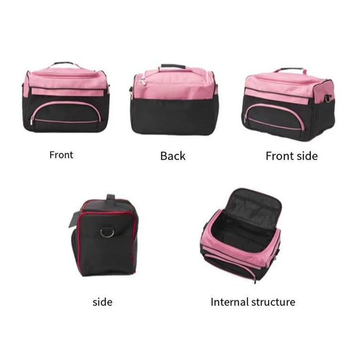Borsa termica rosa e nera, vista frontale, posteriore e laterale, con struttura interna. Ideale per picnic, viaggi, conservazione cibo.