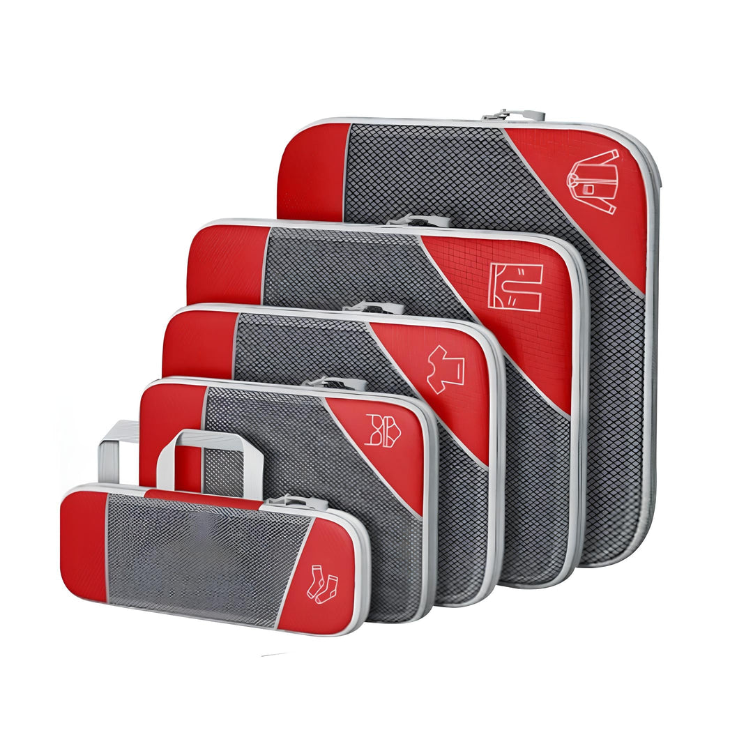 Set di cinque custodie rigide rosse e grigie per dispositivi elettronici, con chiusura a zip e maniglia, design moderno e resistente.