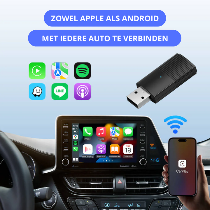Adattatore USB per auto compatibile con Apple CarPlay e Android Auto, connesso a schermo auto. Icone app: Spotify, Maps, WhatsApp, Line.