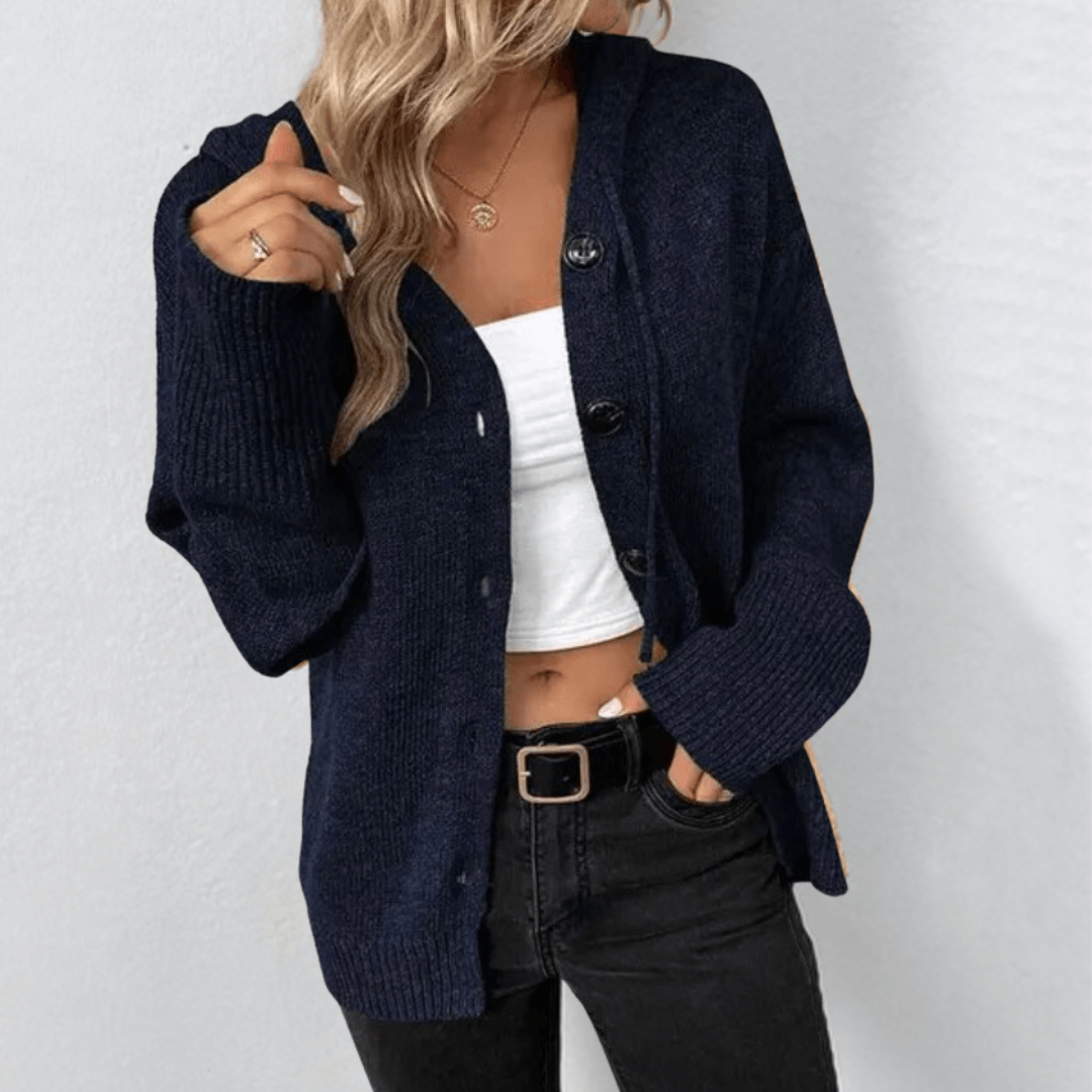 Cardigan Gilet Donna in Maglia con Cappuccio Scollo a V Abbottonato