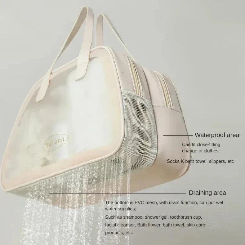 Borsa da viaggio impermeabile con scomparti, rete in PVC per drenaggio, ideale per articoli da bagno come asciugamani, shampoo, spazzolino, ciabatte.