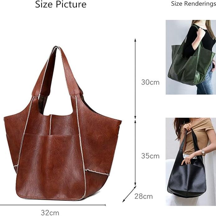 Borsa a spalla in pelle marrone, dimensioni 32x28x30 cm, con tasca frontale. Immagini di modelli che indossano vari colori. Accessorio moda donna.