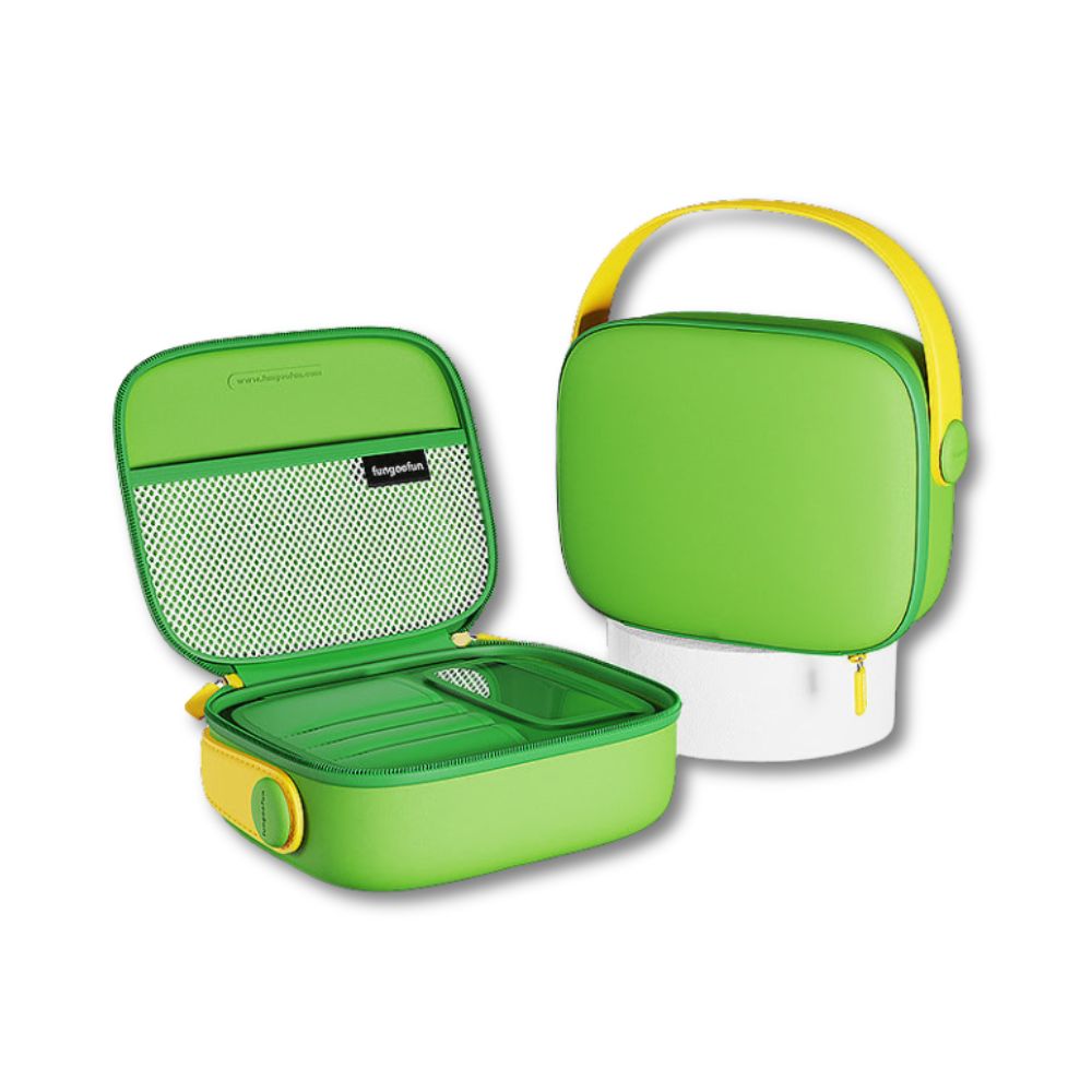 Borsa termica verde e gialla, design moderno, con manico e scomparti interni. Ideale per picnic e pranzo al sacco. Accessorio pratico e colorato.