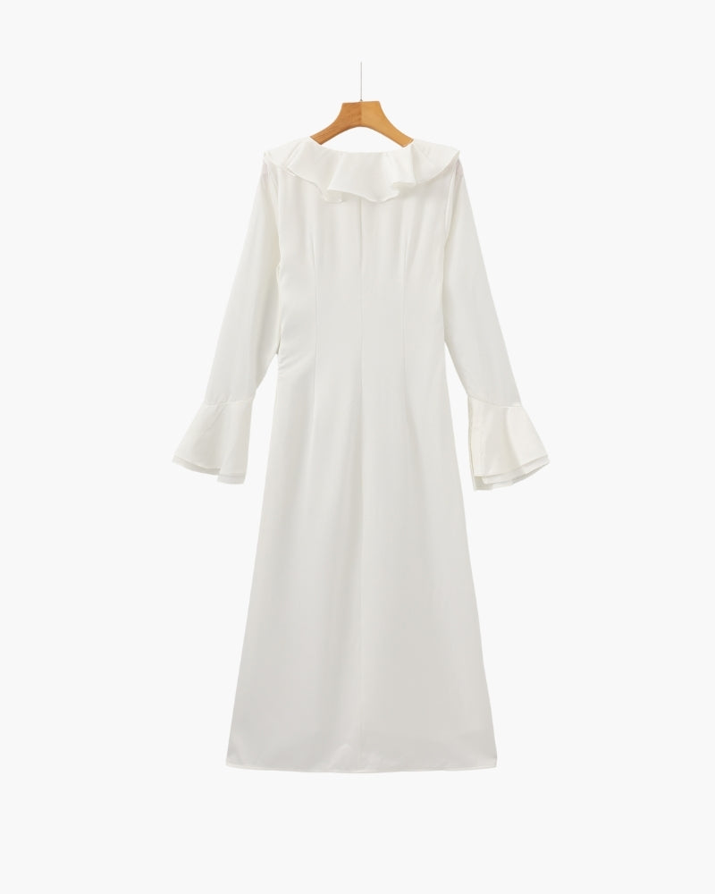 Abito Midi Donna con Rouches Bottoni Perla Vestibilità Fluida