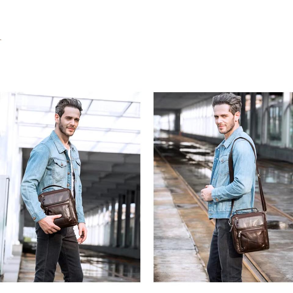 Uomo con giacca di jeans e borsa a tracolla in pelle marrone, stile casual. Accessorio moda maschile, ideale per viaggi e lavoro.