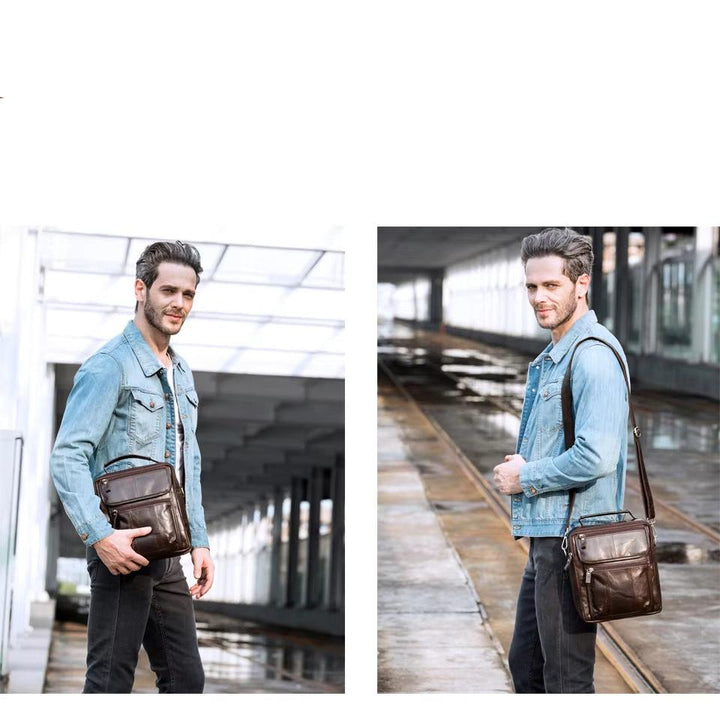 Uomo con giacca di jeans e borsa a tracolla in pelle marrone, stile casual. Accessorio moda maschile, ideale per viaggi e lavoro.