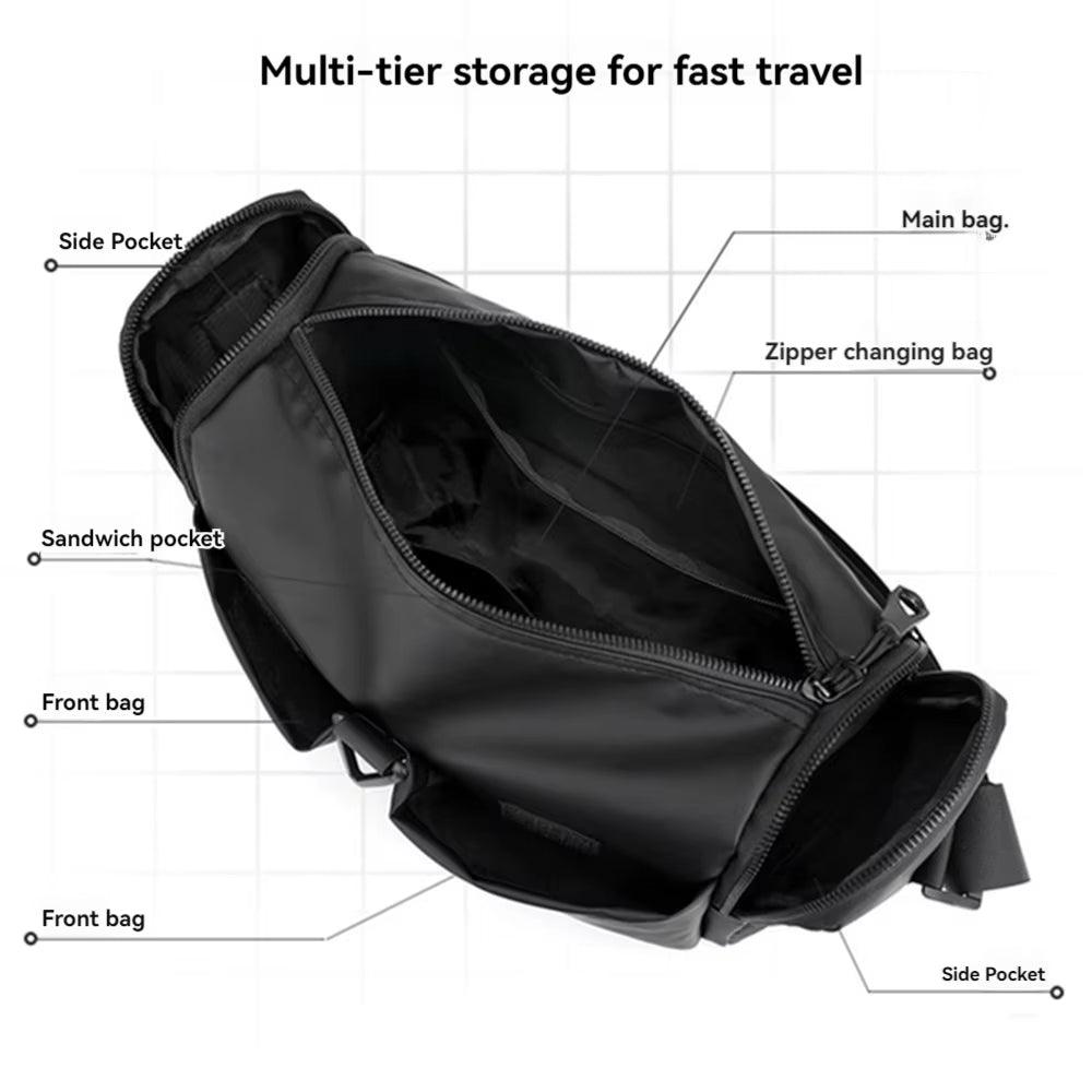 Zaino nero multi-scomparto con tasche laterali, tasca frontale e tasca sandwich, ideale per viaggi veloci. Design funzionale e spazioso.