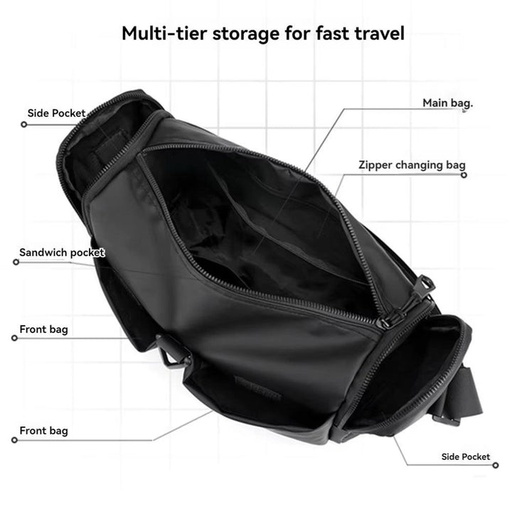 Zaino nero multi-scomparto con tasche laterali, tasca frontale e tasca sandwich, ideale per viaggi veloci. Design funzionale e spazioso.