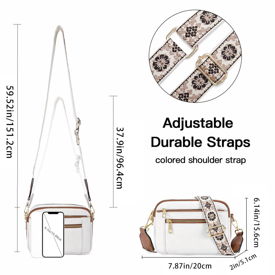 Borsa a tracolla bianca con cinghie regolabili e resistenti, motivo floreale, dimensioni 20x5.1x15.6 cm, ideale per moda donna e accessori eleganti.