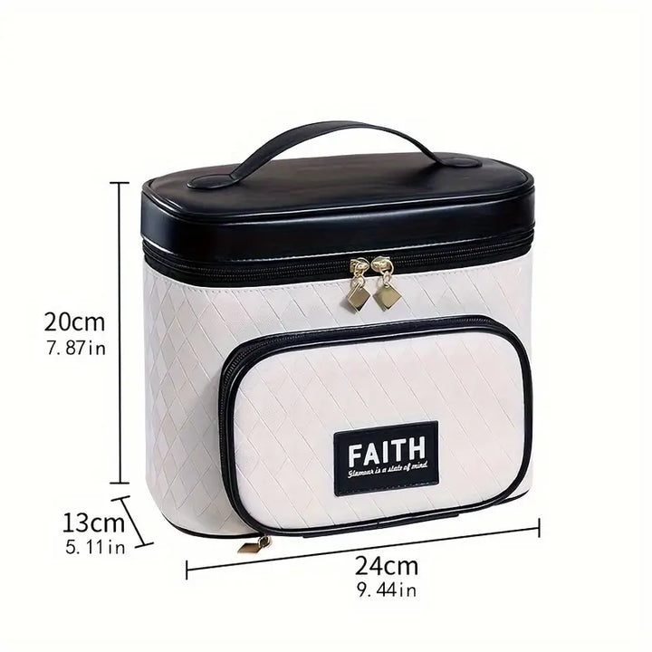 Borsa termica bianca con manico nero, tasca frontale con scritta "FAITH", dimensioni 24x13x20 cm. Ideale per pranzo, picnic, viaggio.
