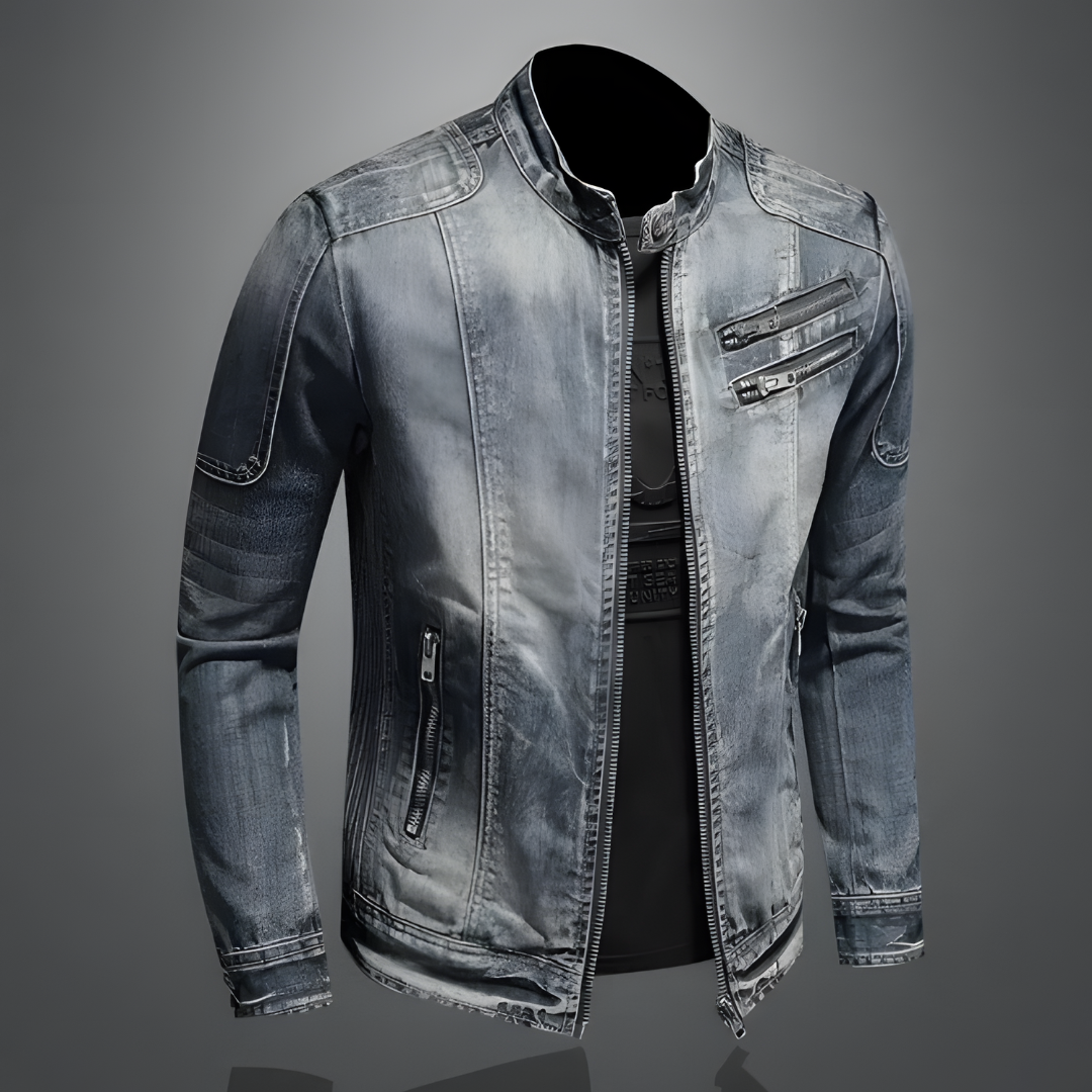 Giacca Uomo in Denim Slim Collo Alto con Cerniera