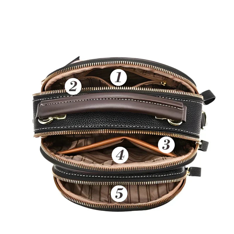 Borsa a tracolla in pelle nera con cinque scomparti numerati, cerniere dorate, design elegante e funzionale, ideale per organizzazione e stile.