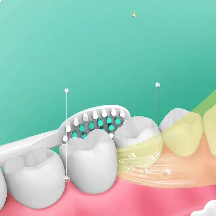 Spazzolino da denti bianco pulisce denti bianchi su gengive rosa, sfondo verde. Igiene orale, cura dentale, salute denti.
