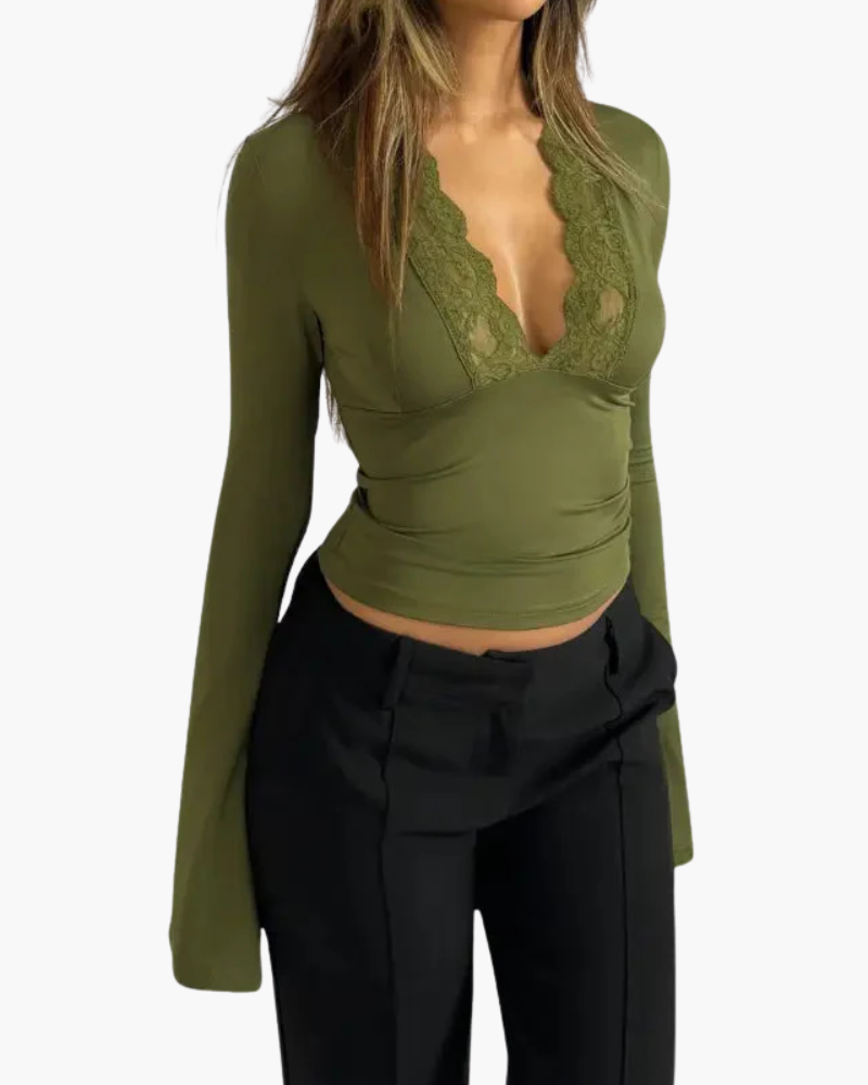 Donna Maniche Lunghe Pizzo Scollo a V