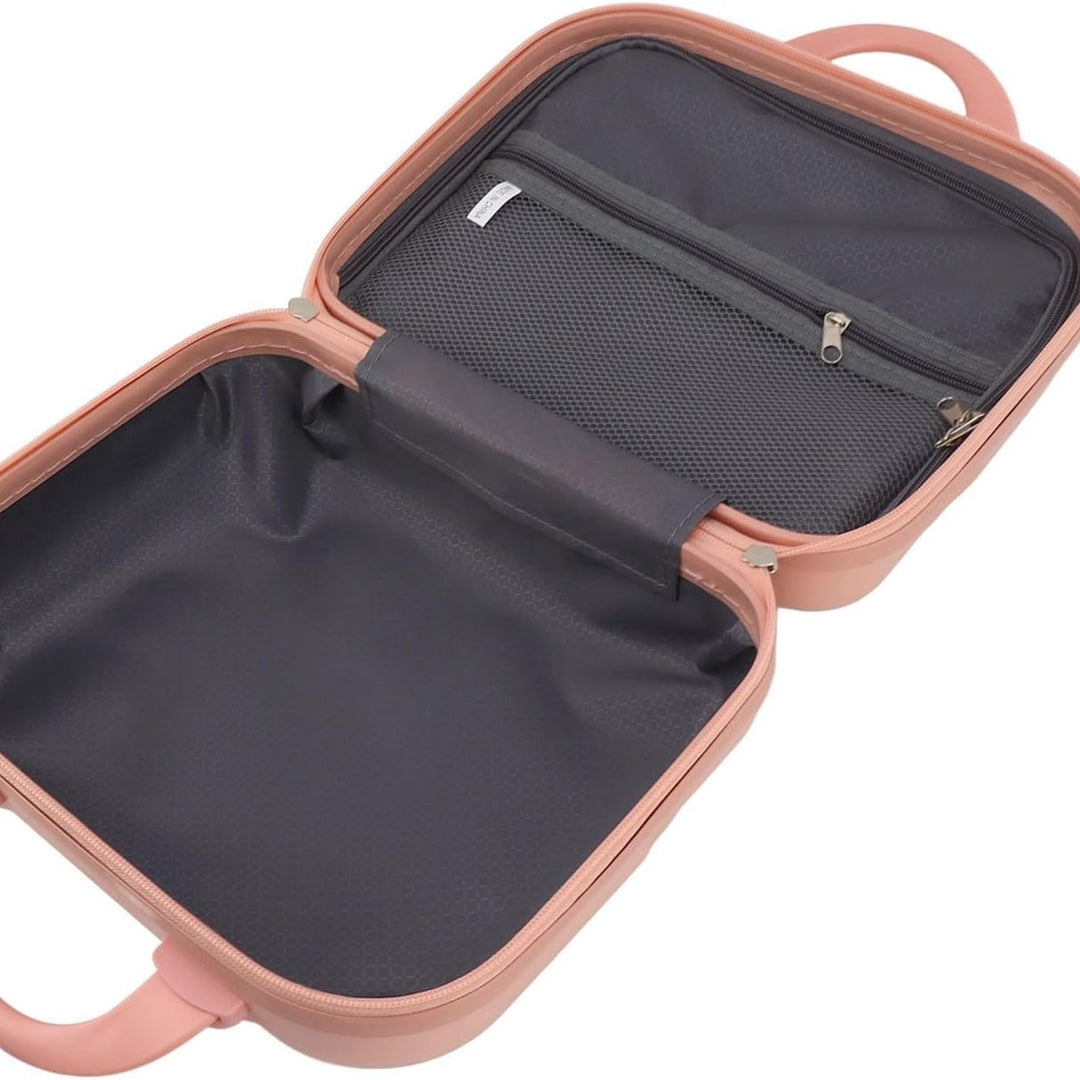 Valigia rigida rosa aperta, con tasca interna a rete e cerniera, design compatto per viaggi, bagaglio a mano, organizzazione efficiente.