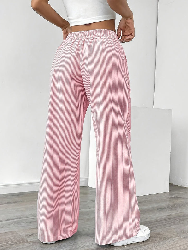 Pantaloni Donna Lounge in Tessuto a Righe Vita Alta Gamba Larga
