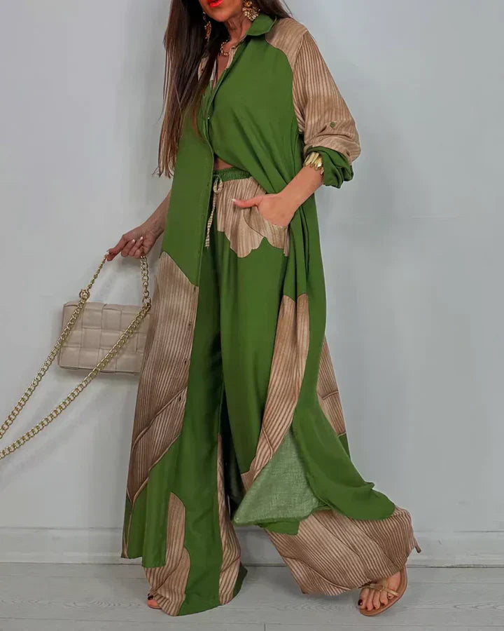Completo Donna Camicia Colletto Bottoni Pantaloni Vita Alta Gamba