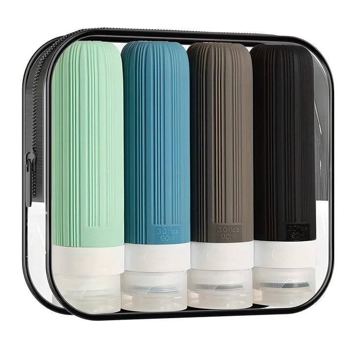 Set di flaconi da viaggio in silicone colorati, 90 ml, con custodia trasparente. Ideali per shampoo, lozioni, conformi alle norme di sicurezza aerea.