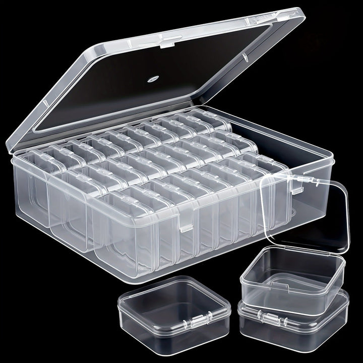 Contenitore trasparente in plastica con coperchio, divisori interni, ideale per organizzare piccoli oggetti, accessori artigianali, perline.