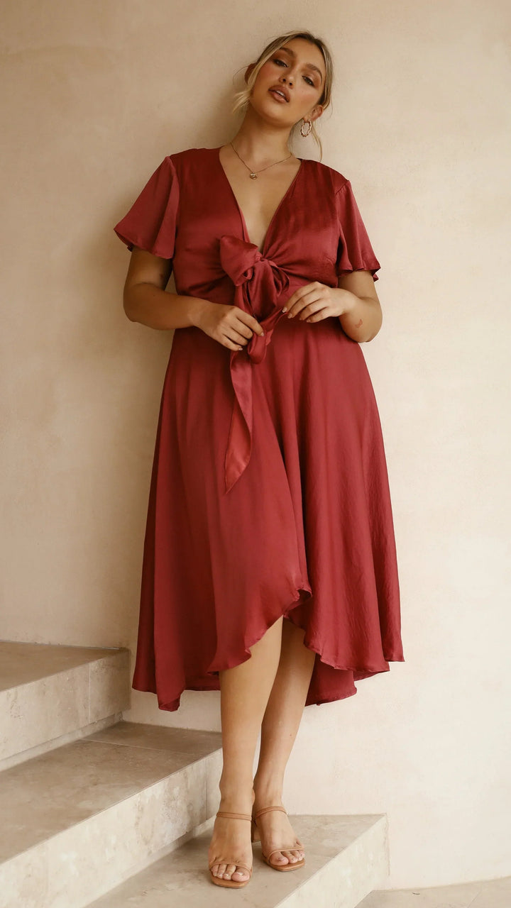 Abito Midi Donna in Raso Scollo a V Maniche Farfalla Gonna Asimmetrica