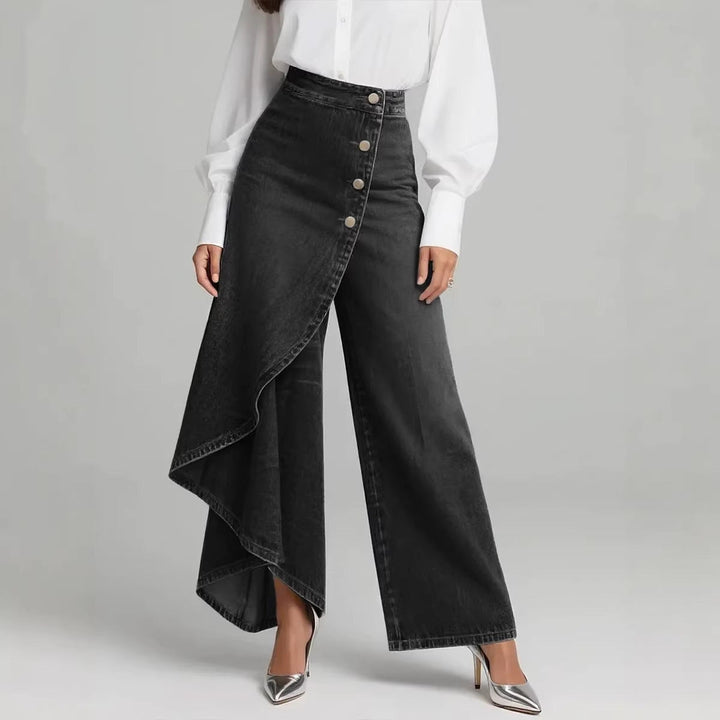 Pantaloni Donna Finto Denim Gamba Dritta Bottoni Arricciati