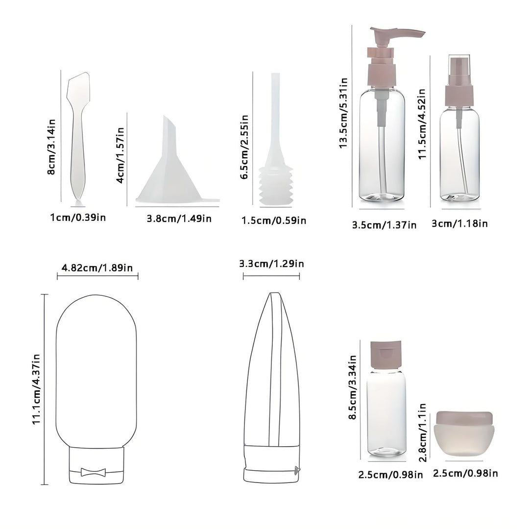 Set di bottiglie da viaggio trasparenti con dispenser, tappi a vite e accessori per cosmetici. Misure in cm e pollici. Ideale per viaggi aerei.