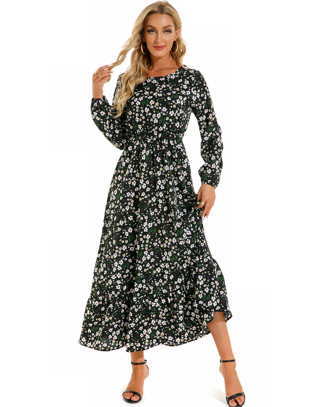 Abito Donna in Chiffon Floreale Scollo Rotondo Elegante