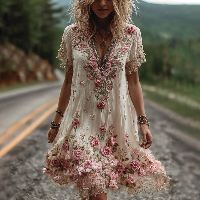 Abito Donna Ricamato Floreale Scollo a V Stile Elegante - Vesarelli