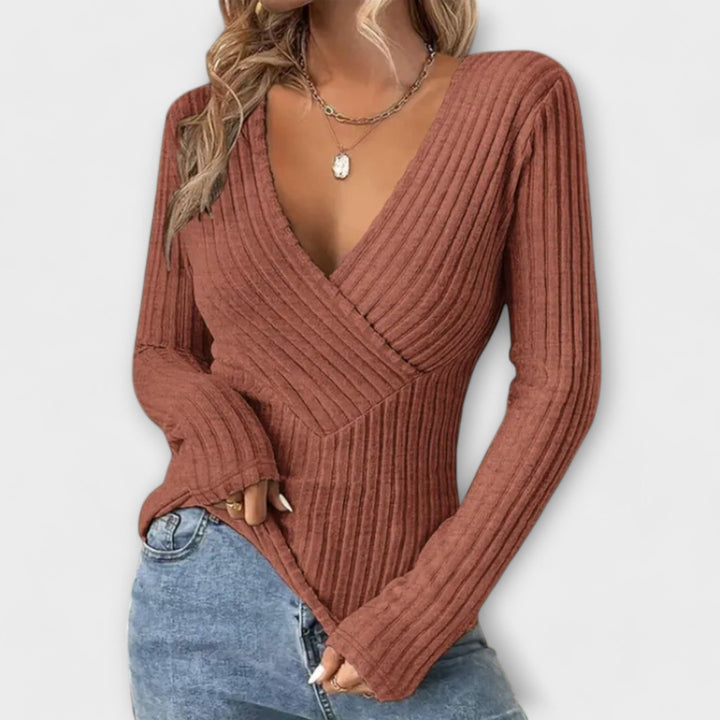 Maglione Donna Maglia a Coste in Lana Scollo a V Manica Lunga