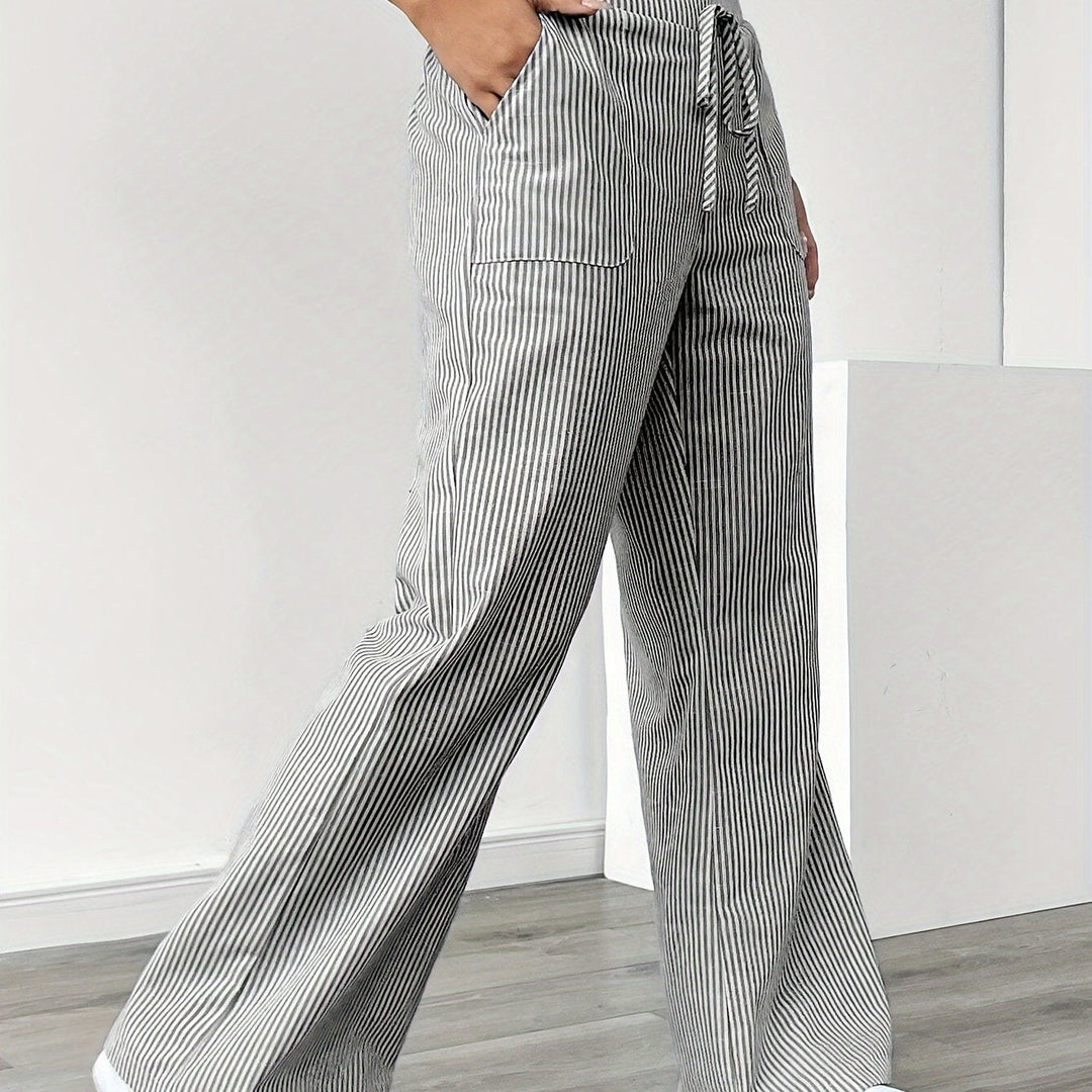Pantaloni Donna Lounge in Tessuto a Righe Vita Alta Gamba Larga