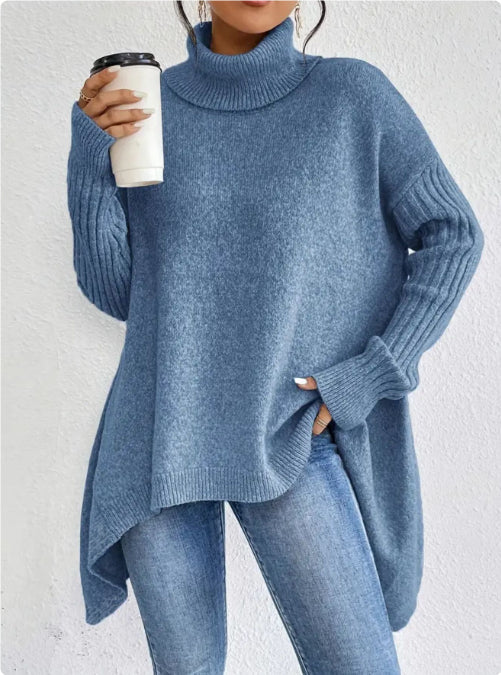 Maglione Donna Dolcevita Maglia Larga Manica Lunga Irregolare