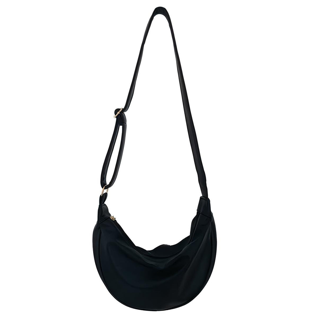 Borsa a tracolla nera in pelle sintetica, design a mezzaluna, chiusura con zip, regolabile, elegante e versatile per donna.