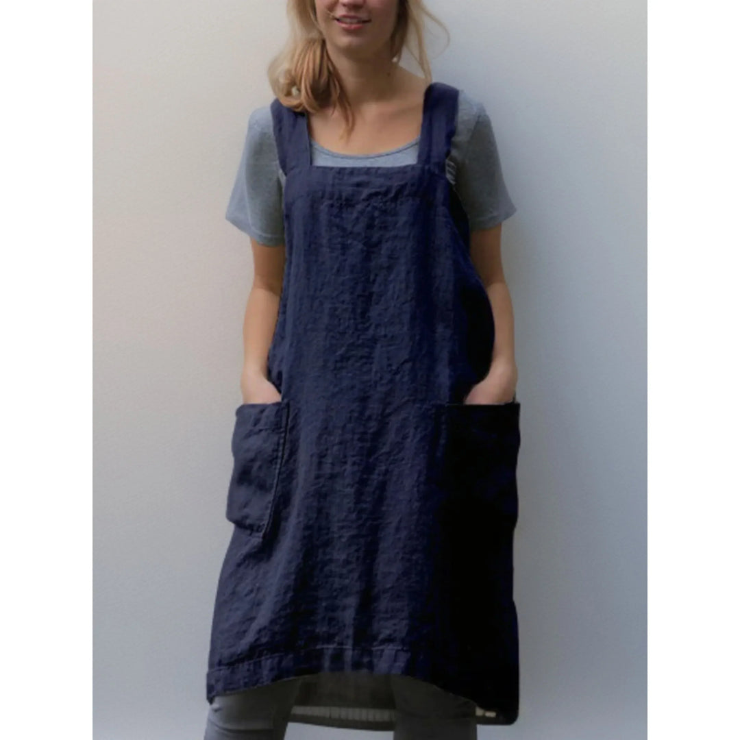 Abito Grembiule Donna in Lino Casual con Tasche
