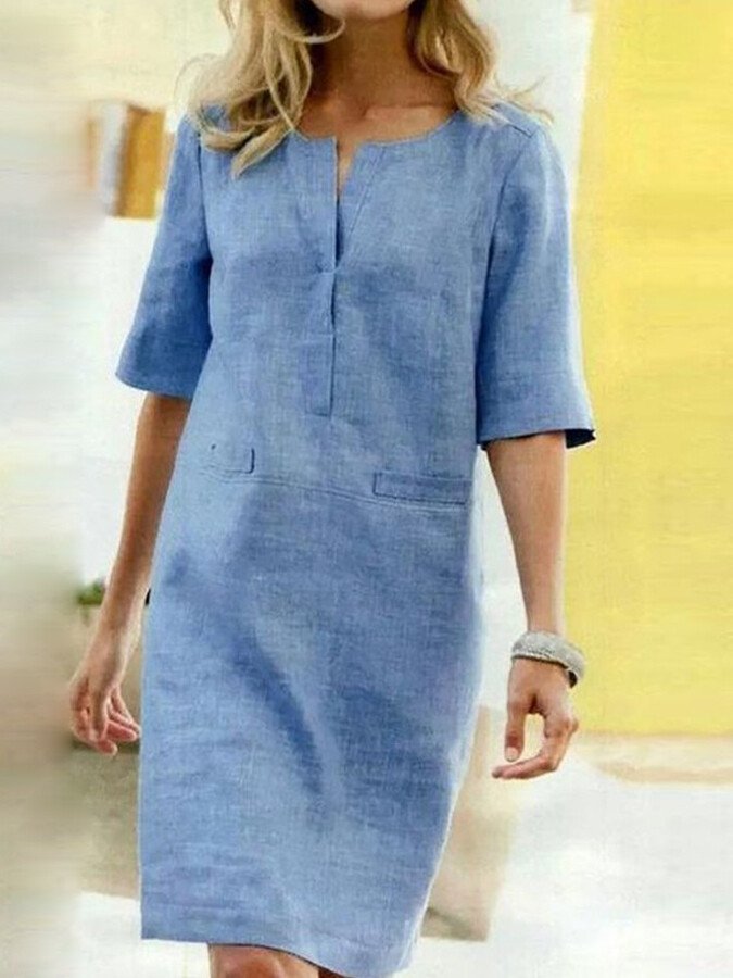 Abito Estivo Donna in Lino e Cotone Mezza Manica Collo a V - Vesarelli