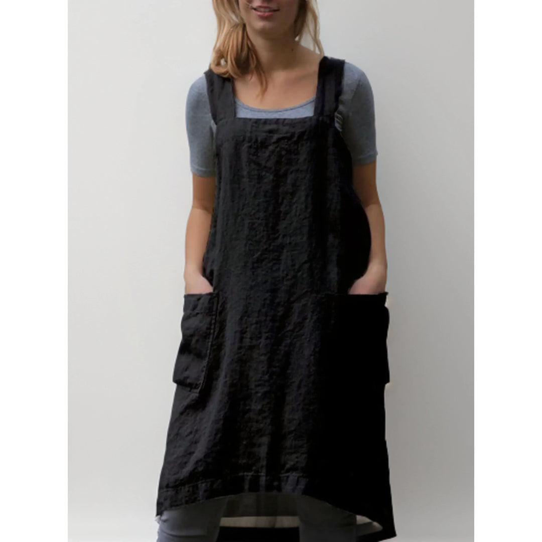 Abito Grembiule Donna in Lino Casual con Tasche